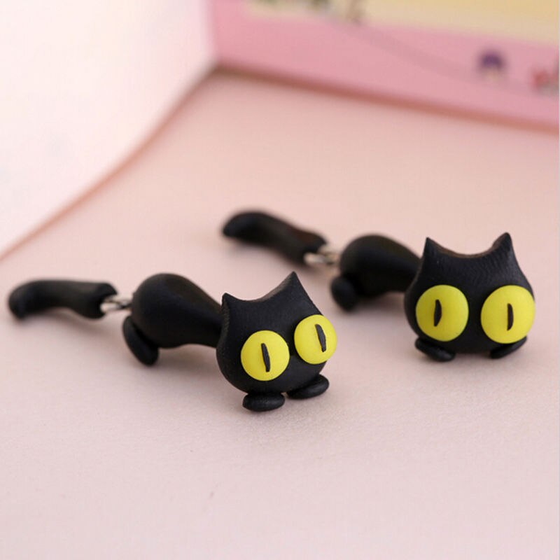 Cartoon 3D Animal Earrings For Women 1 pair New Design Handmade yellow eyes Cute Cat Stud Earring Fashion Jewelry Polymer Clay
