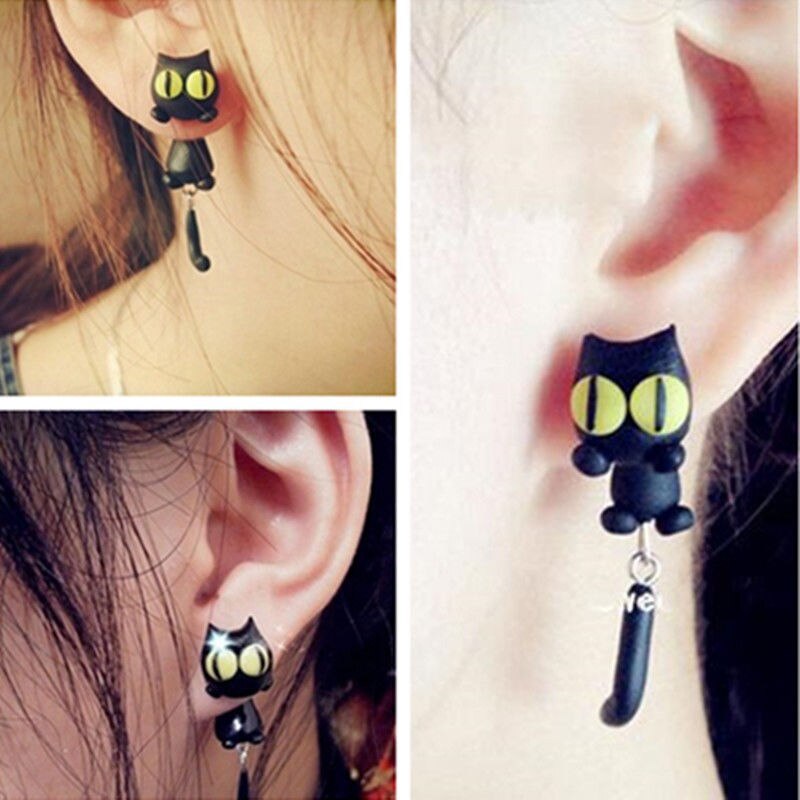 Cartoon 3D Animal Earrings For Women 1 pair New Design Handmade yellow eyes Cute Cat Stud Earring Fashion Jewelry Polymer Clay