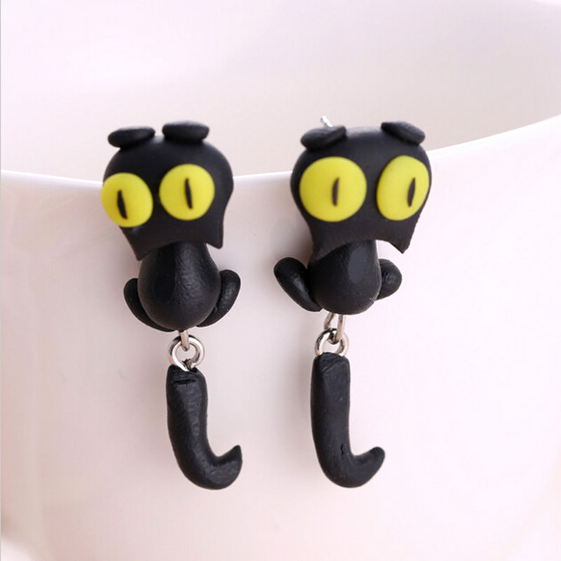 Cartoon 3D Animal Earrings For Women 1 pair New Design Handmade yellow eyes Cute Cat Stud Earring Fashion Jewelry Polymer Clay